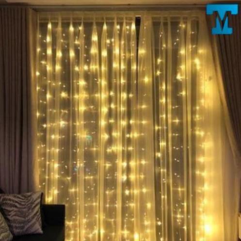 Đèn trang trí rèm 3x3m 16 dây thả, đèn led rèm mưa màu vàng ấm trang trí background, quà tặng ngày 8/3,...