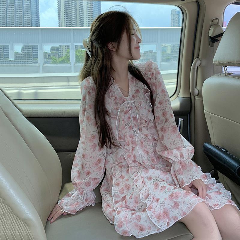 ☍✾❈Đầm Chiffon Tay Dài Cổ Chữ V Phối Ren Hoa Thời Trang Mùa Thu Mới Dành Cho Nữ 2021