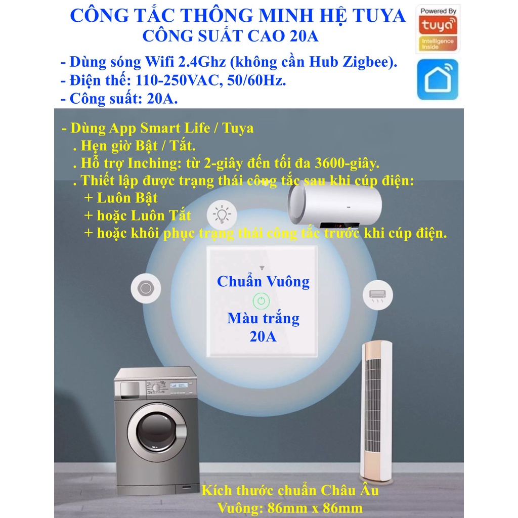 Công tắc thông minh Tuya công suất lớn 20A cho Máy nước nóng/ Máy lạnh/ Bếp điện App Tuya/ Smart Life/ Home Assistant -