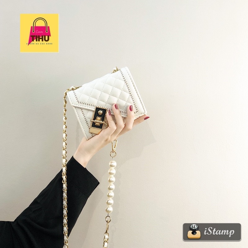 Túi Xách Nữ, túi da chần trám quai xích mix ngọc đeo chéo đi chơi, đẹp, cao cấp
