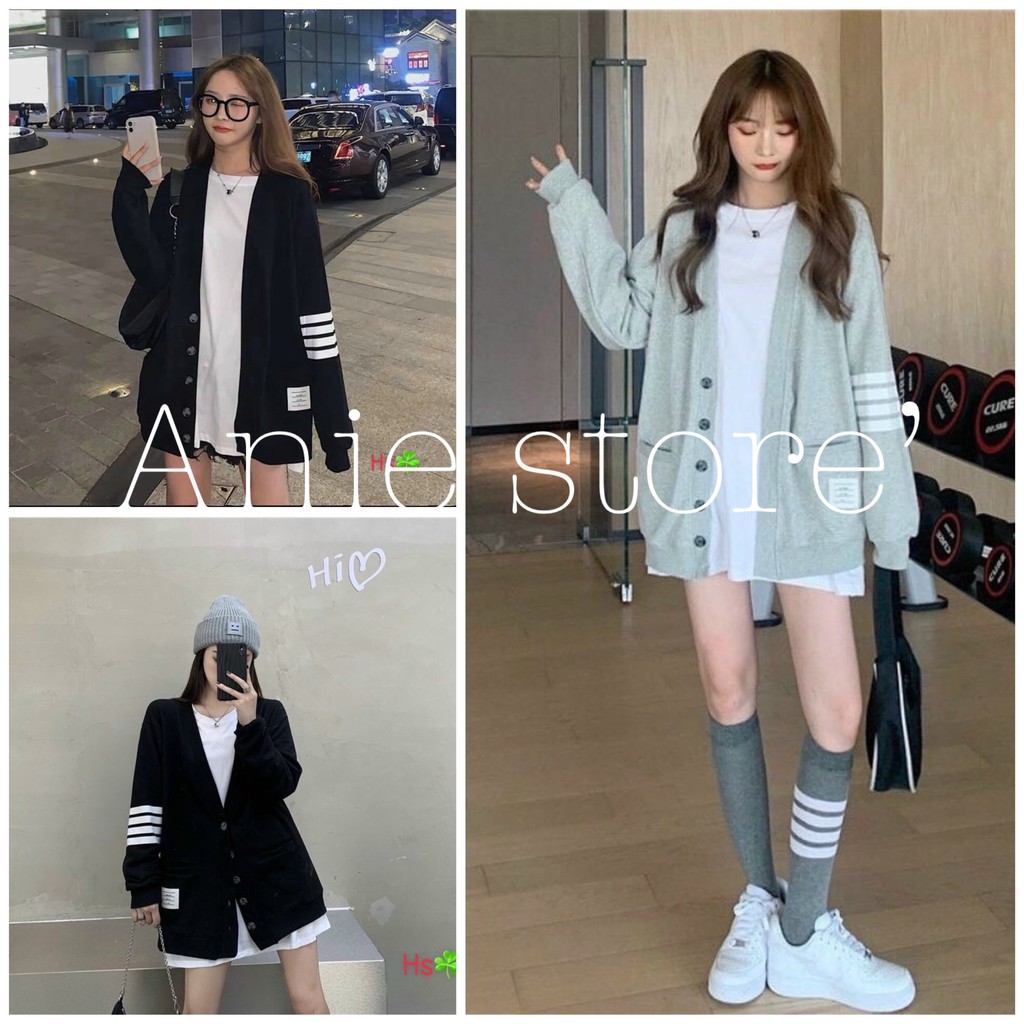 Áo Cardigan Len Phối Sọc 🦋 Áo Khoác Len Túi Trước Cúc Cài 2 Màu 🦋