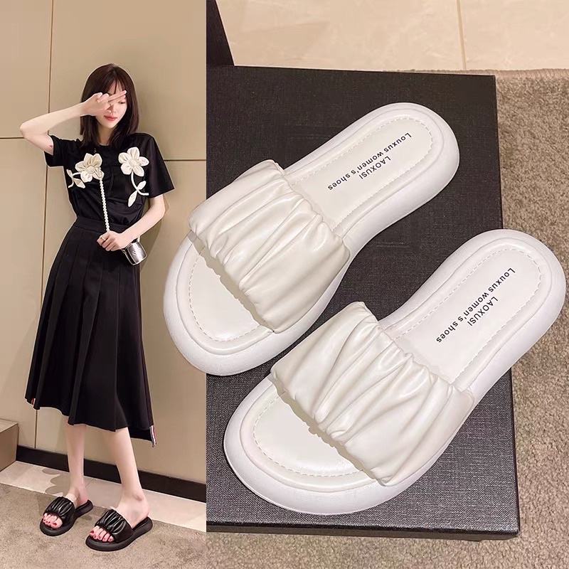 Dép lê nữ dép đe xuồng quai ngang nhún bèo Luhana phong cách ulzzang thời trang
