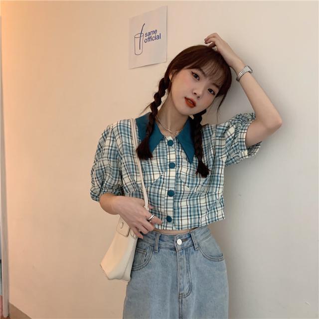 Áo Sơ Mi Tay Ngắn Phồng Cổ Búp Bê Họa Tiết Kẻ Sọc Thời Trang Mùa Hè 2022 Mới Phong Cách Hàn Quốc Cho Nữ