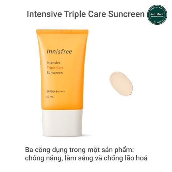 Chính hãng - Kem chống nắng lâu trôi làm sáng da innisfree Intensive Triple Care Sunscreen SPF50+ PA++++ 50ml