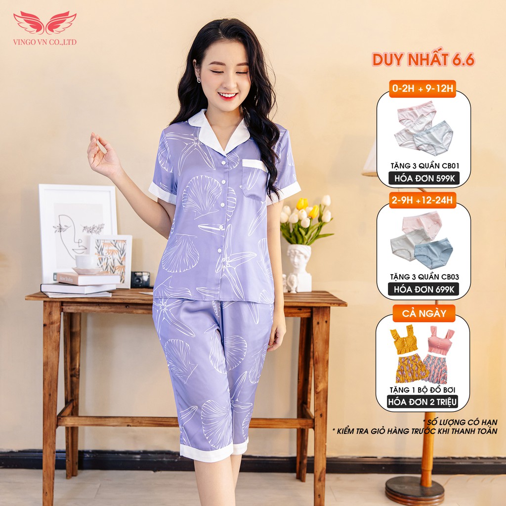 VINGO Bộ Đồ Mặc Nhà Nữ Kiểu Pijama Lụa Pháp Cao Cấp Tay Cộc Quần Lửng Họa Tiết Trắng Phối Nền Tím Nhạt H367 VNGO - TCQL