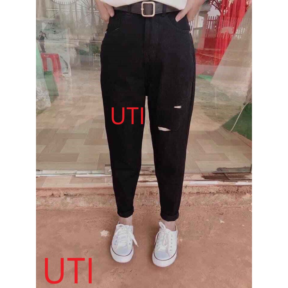 [ MÀU MÈ HOA HÒE!!! ] QUẦN BAGGY JEAN NỮ CAO CẤP UTI LƯNG CAO MÀU ĐEN RÁCH 2 SỌC CHÂN TRÁI CỰC HOT HIT-NL12387