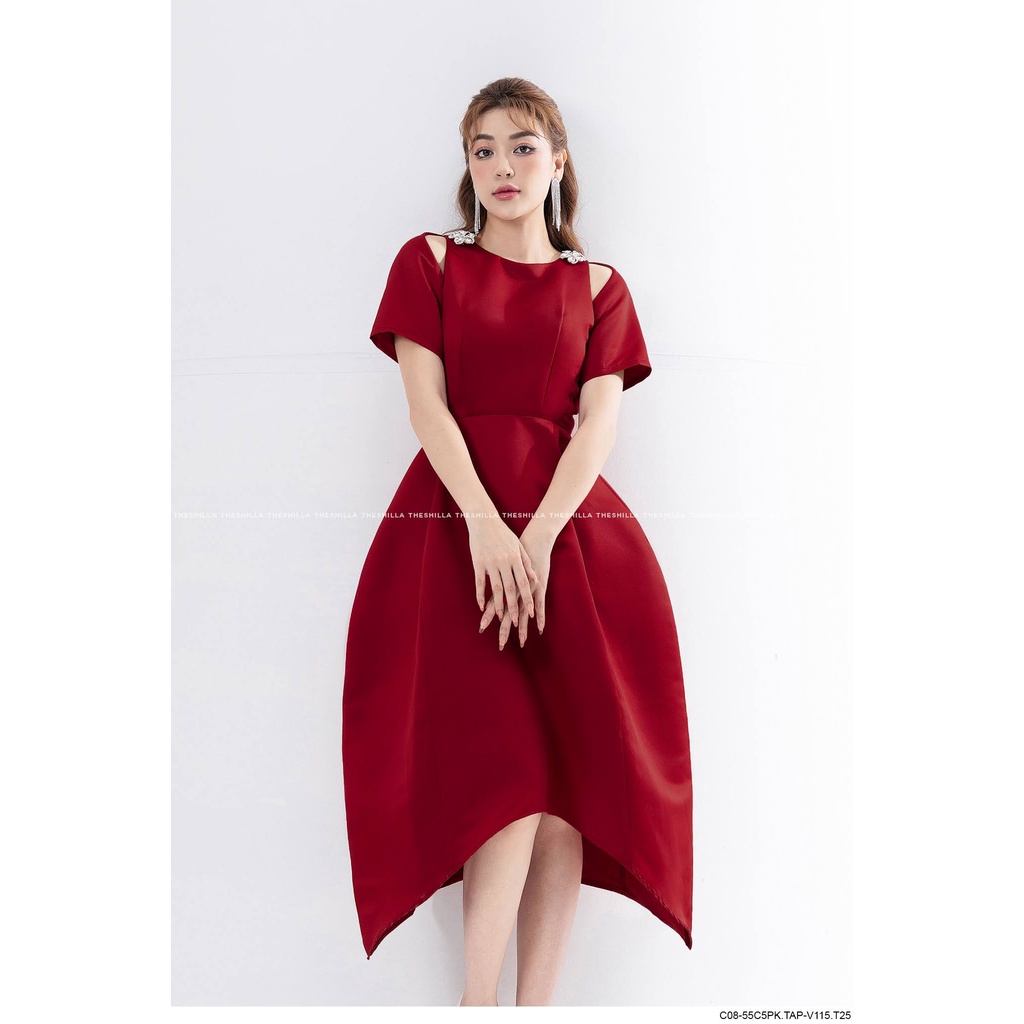 Váy thiết kế cao cấp màu  đỏ khoét tay form xòe kèm châm cài sang trọng [ Có video + Ảnh thật ] The Shilla - C08-55C1