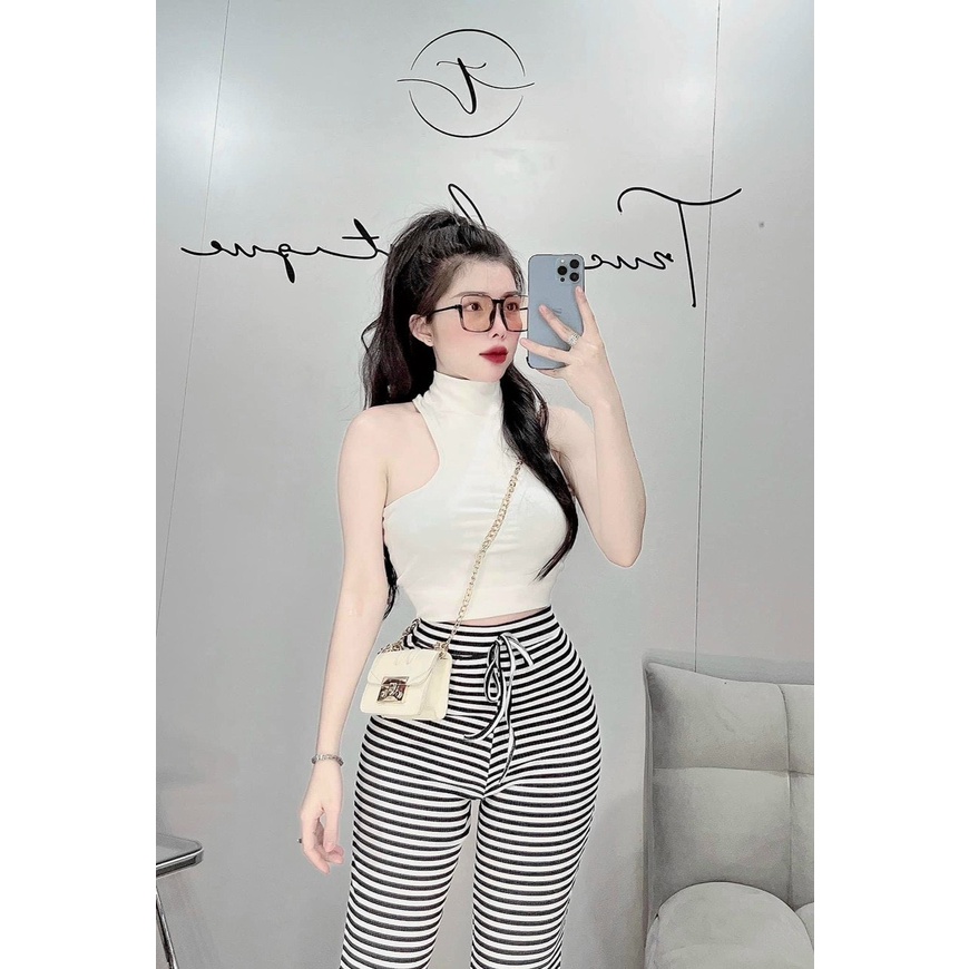 Sét bộ áo 3 lỗ cổ cao khoét vai phối quần thun ống loe sọc cực hot , chất thun coton mềm mát mk