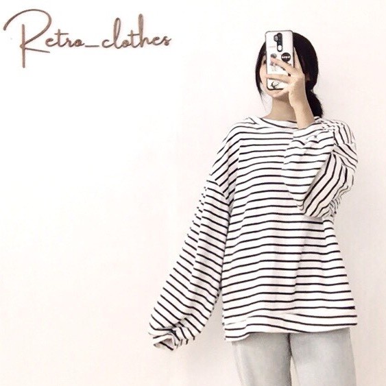 🍂 [Ảnh thật/Tự chụp] Áo kẻ ngang nữ form rộng tay dài basic phong cách Hàn xẻng | BigBuy360 - bigbuy360.vn