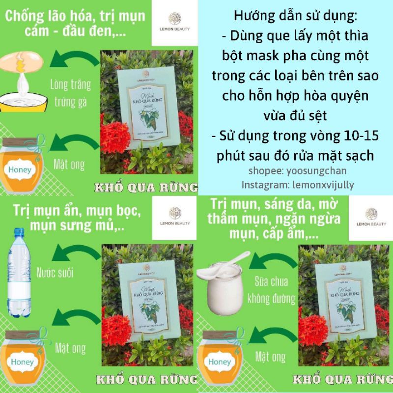 Mặt nạ mask khổ qua rừng (tặng que,cọ,băng đô cột tóc) tảo biển bột sữa dê non Lemon Beauty handmade