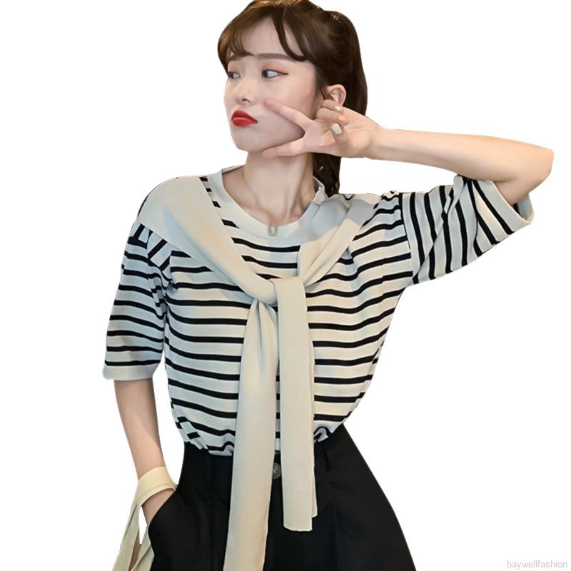 Áo thun tay ngắn giả hai lớp họa tiết kẻ sọc thời trang dành cho nữ Baywellfashion