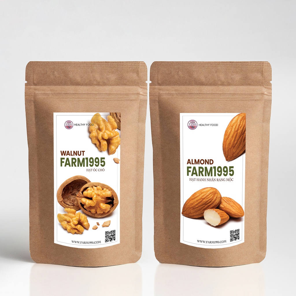 Hạt óc chó và Hạt hạnh nhân rang tách vỏ Farm 1995 - 500g, Nhân óc chó
