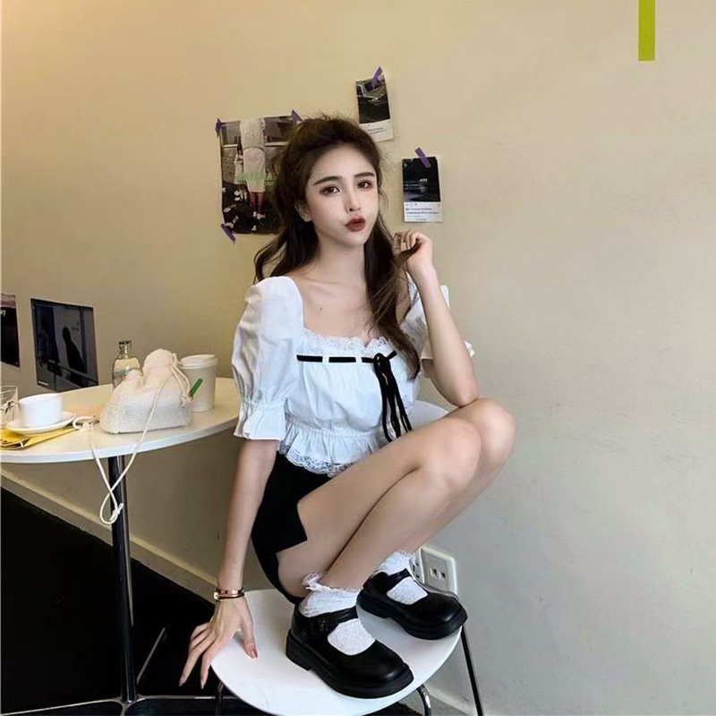 ZHELIHANGFEI Áo Kiểu Tay Phồng Trễ Vai Lưng Cao Cột Dây Phong Cách Quyến Rũ