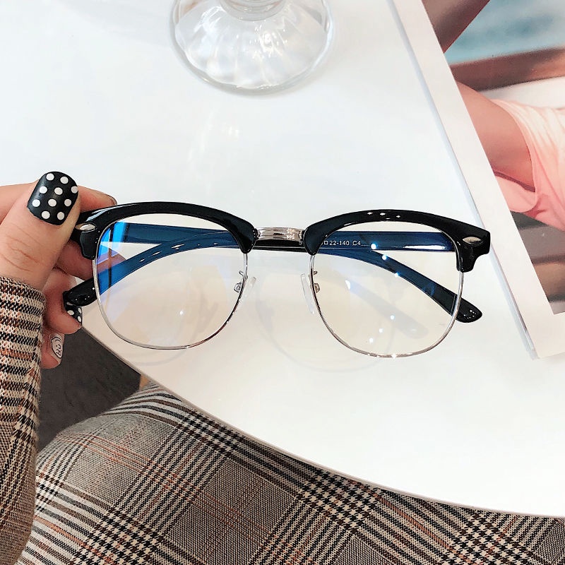 Bảo Vệ Bức Xạ Kính Cận Thị Retro Nam Triều Chiếc NỬA KHUNG Hàn Quốc Gương Phẳng Sao Màu Đỏ Với Đôi Mắt Màu Xanh
