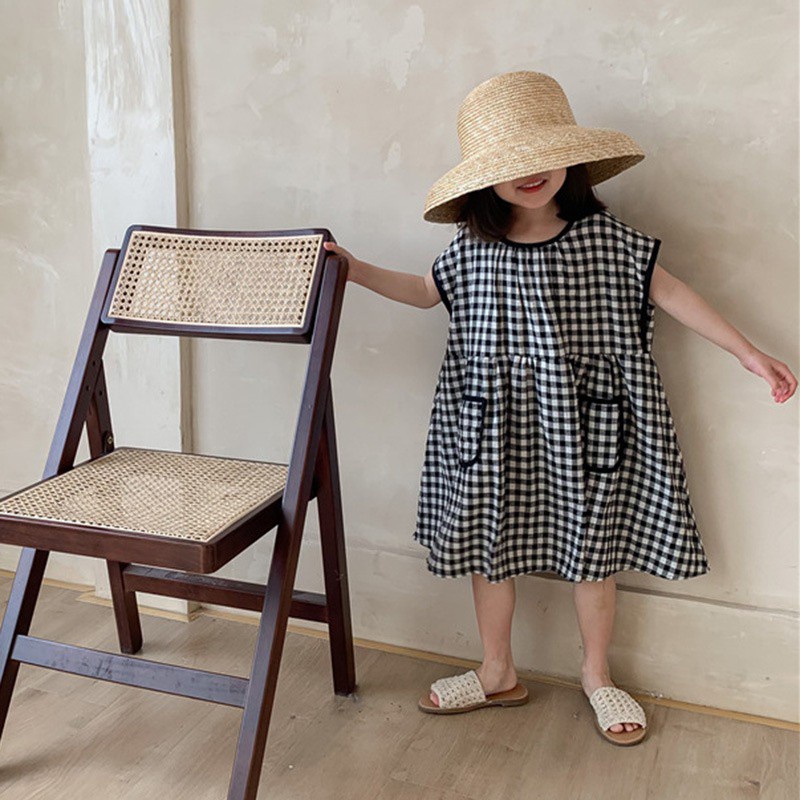 Đầm Cotton Lanh Họa Tiết Sọc Caro Phong Cách Hàn Quốc Thời Trang Mùa Hè Dành Cho Bé Gái