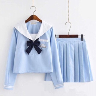 Seifuku/ Set váy đồng phục học sinh Nhật Bản: áo cổ thủy thủ thêu hải cẩu + nơ + chân váy xòe xếp ly