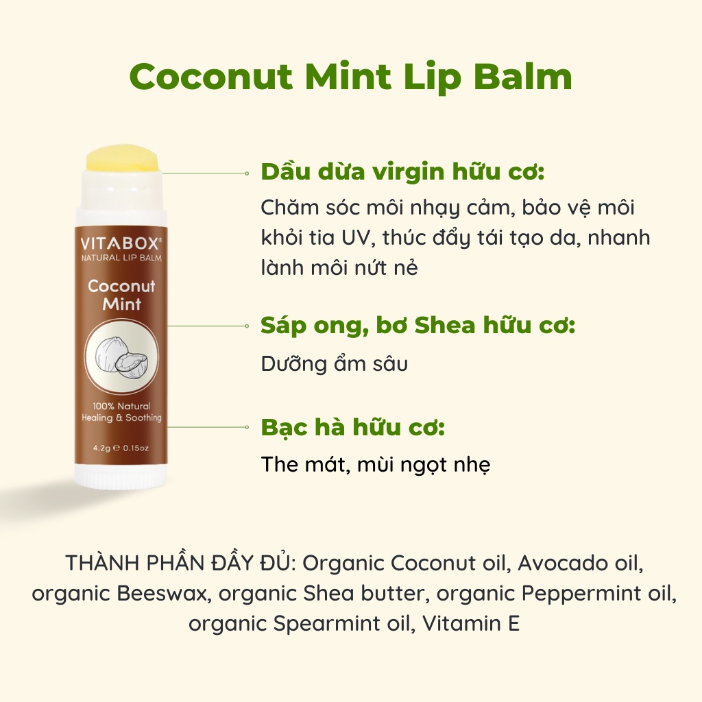 Son dưỡng không màu Coconut Mint VITABOX - 100% tự nhiên, dưỡng ẩm lâu không thâm môi