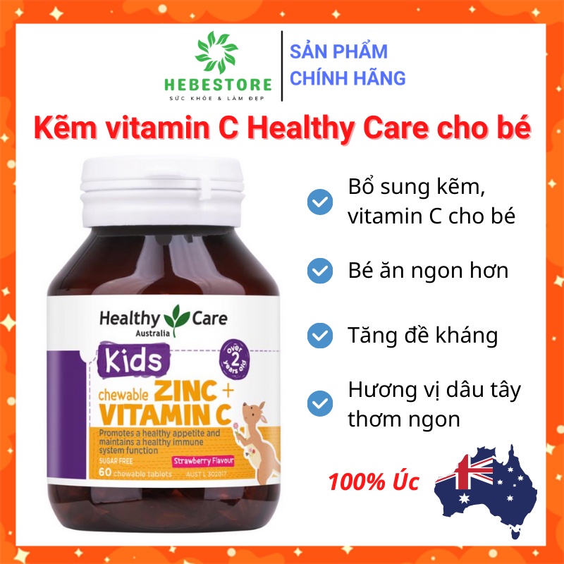 Kẹo kẽm vitamin C Healthy Care Zinc + Vitamin C Úc 60 viên cho bé ăn ngon, tăng đề kháng