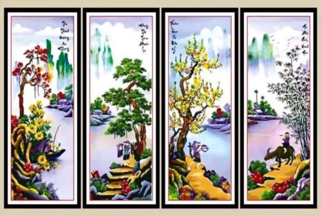 Tranh đính đá tứ quý Xuân Hạ Thu Đông KT:164×100cm