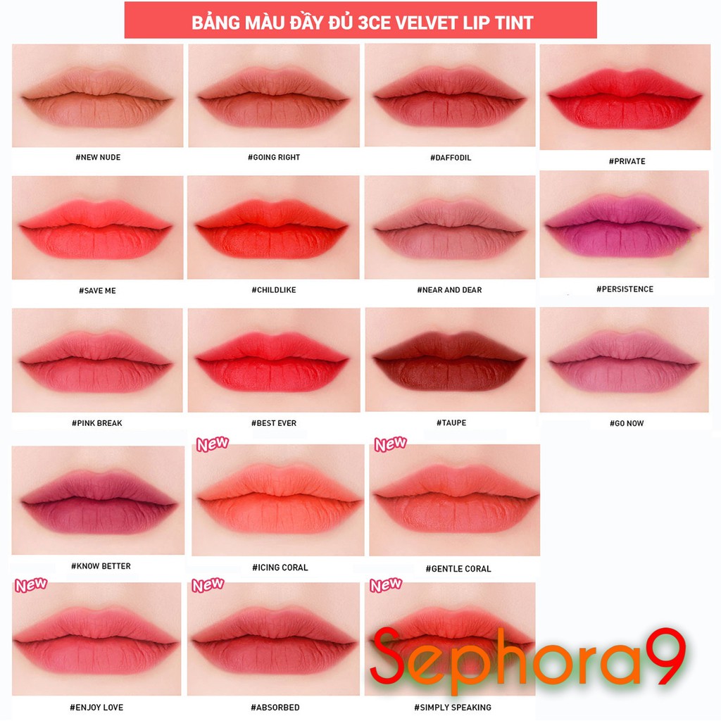 Son kem lì 3CE Stylenanda Velvet Lip Tint Siêu Hot full bảng màu