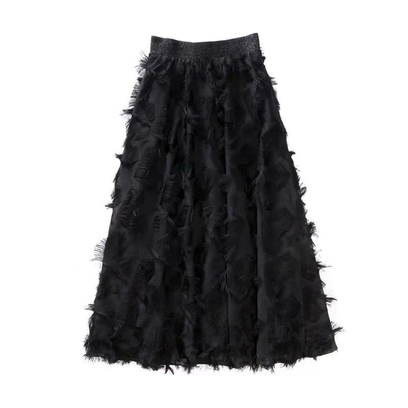 Chân Váy chiffon Chữ a Lưng Cao Phối Lông Vũ Dáng Ôm Dài Vừa Phải Dễ Phối Đồ
