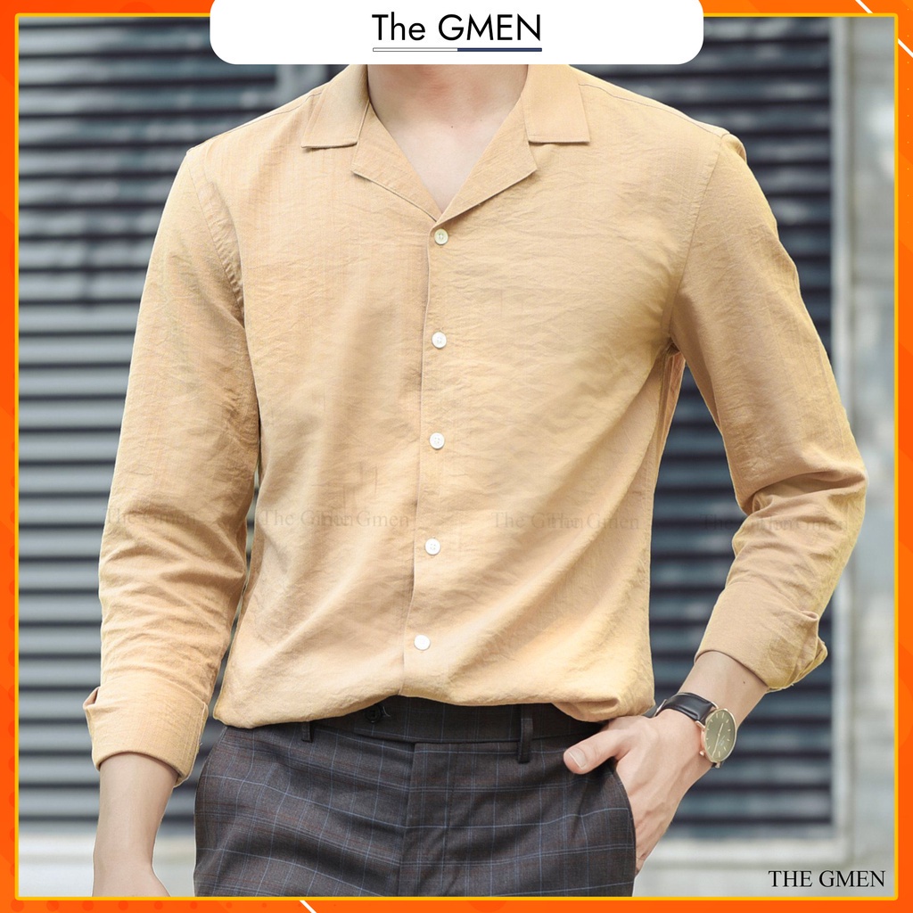 Áo sơ mi nam Cuban Collar dài tay THE GMEN thiết kế cổ vest, chất vải linen mềm mại