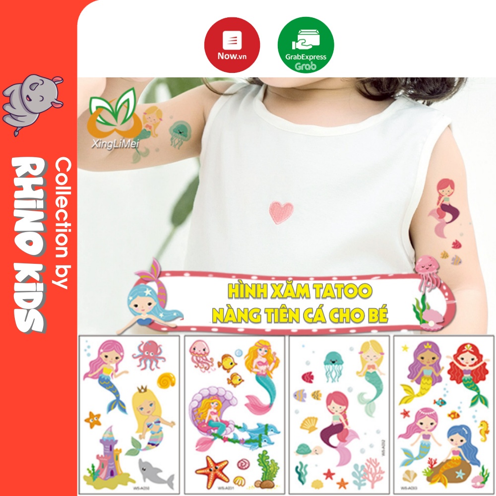 Hình xăm tatoo sticker NÀNG TIÊN CÁ dán chống thấm nước cho bé trai bé gái sáng tạo vui chơi an toàn
