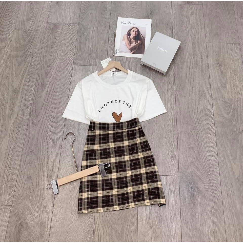 [Mã 11FASHIONSALE1 giảm 10K đơn 50K] Set Chân Váy Kẻ Caro Kèm Áo Cautio PEONYB Nữ TRÁI TIM CAMA STORE V01 | BigBuy360 - bigbuy360.vn