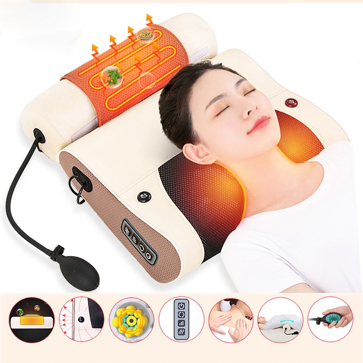 Gối Massage Đa Năng Có Đệm Hơi Cao Cấp, Hỗ Trợ Massage Vai Gáy, Lưng Hiệu Quả, Điều Khiển Từ Xa - BH 12 Tháng