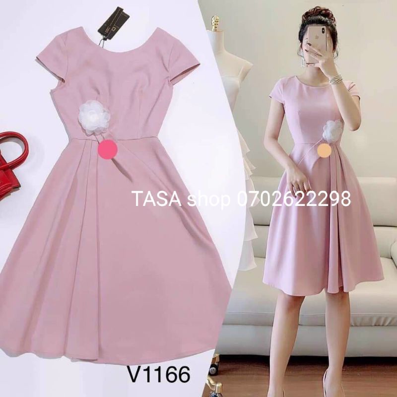 TBO-Đầm xoè kết hoa, váy hồng kiểu nữ tay cánh tiên đính bông eo xếp ly dự tiệc cổ tròn thời trang Tasa