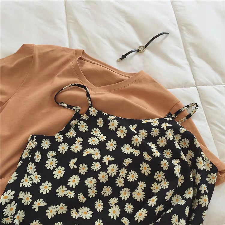 VÁY YẾM HOA CÚC NHÍ ULZZANG - SET VÁY MAXI HOA CÚC ĐEN + ÁO TRẮNG HOT