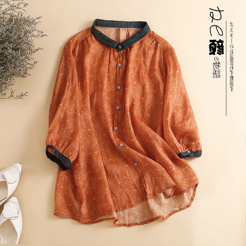 Ice Japanese cotton linen shirt tops female retro printing seven-point sleeve linen brand counter cut label