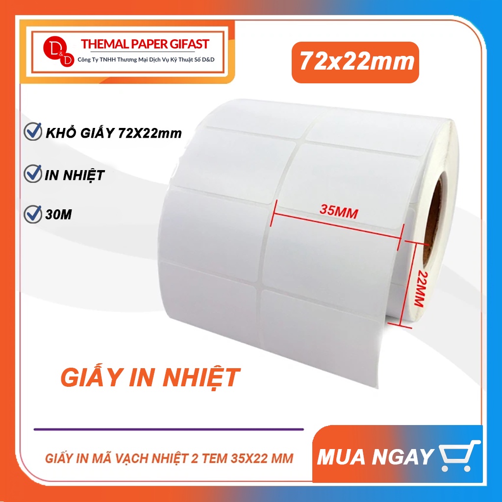 Giấy in nhiệt 72x22mm (35x22mm), Cuộn giấy in mã vạch, Tem nhiệt mã vạch in sẵn