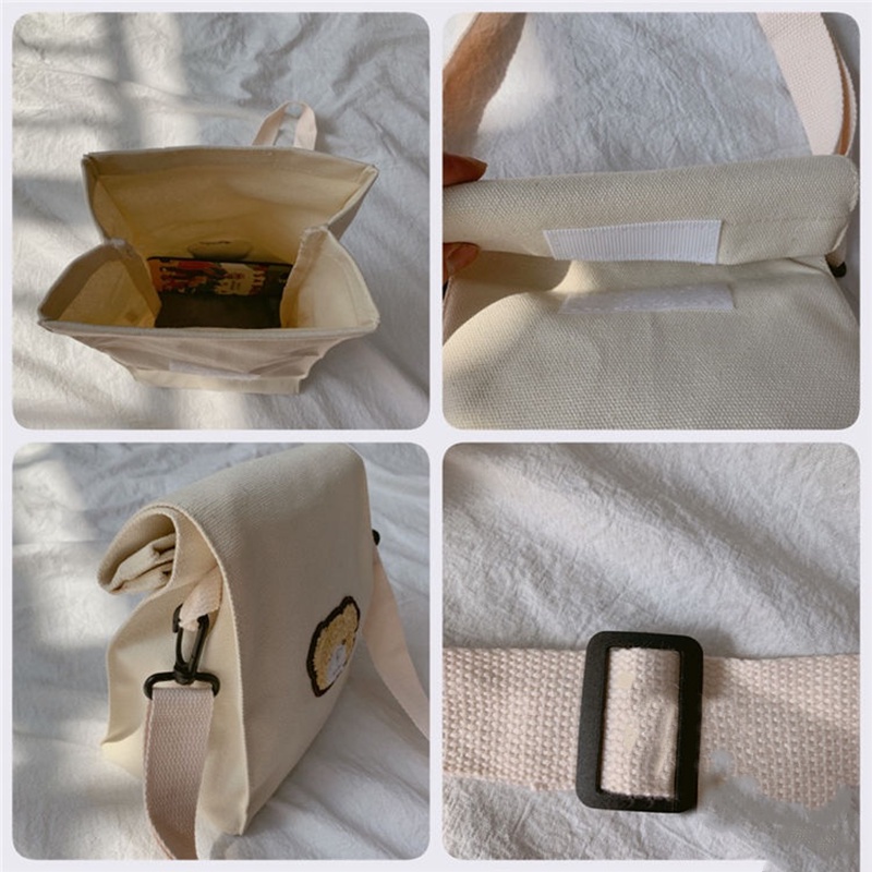 Túi canvas đeo chéo họa tiết gấu nhỏ dễ thương cho nữ