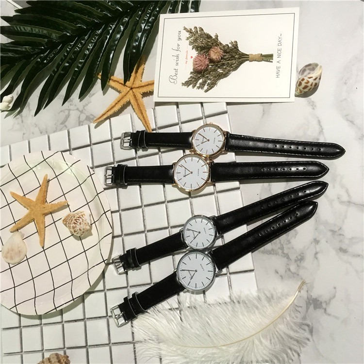 Đồng hồ cặp  thời trang nam nữ viền vàng dây da Geneva doiGE037