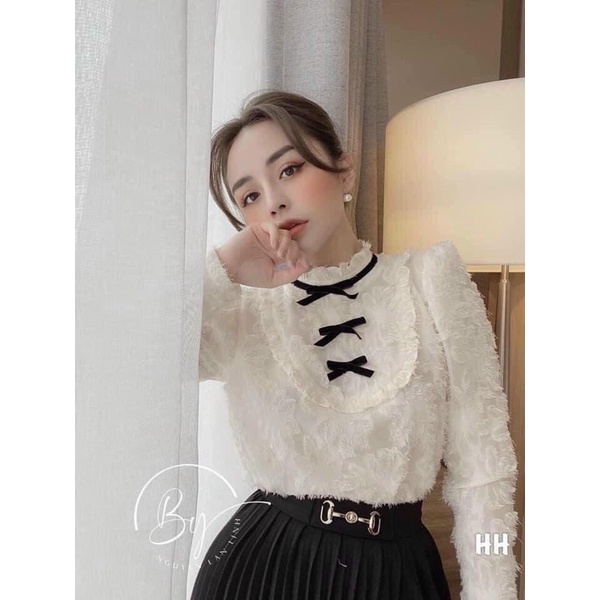 Áo sơ mi nữ tiểu thư pha ren dáng bánh bèo cổ trụ mới