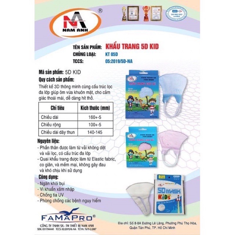 Khẩu trang cho bé 2 đến 6 tuổi Nam Anh Famapro 5D 3 lớp kháng khuẩn