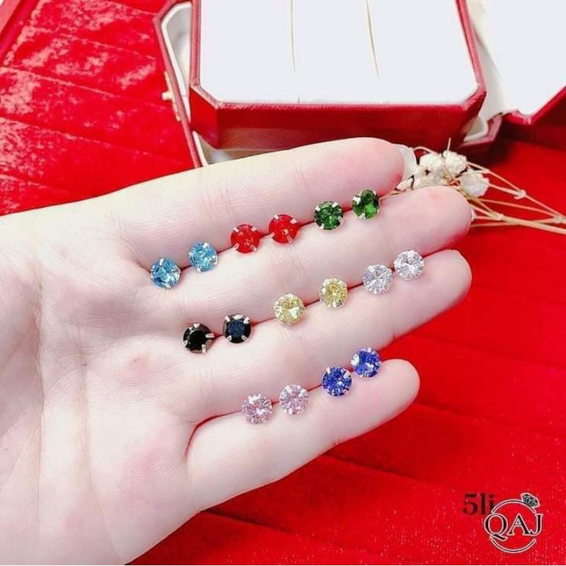 Bông tai nụ đá bạc ta nguyên chất nhiều màu