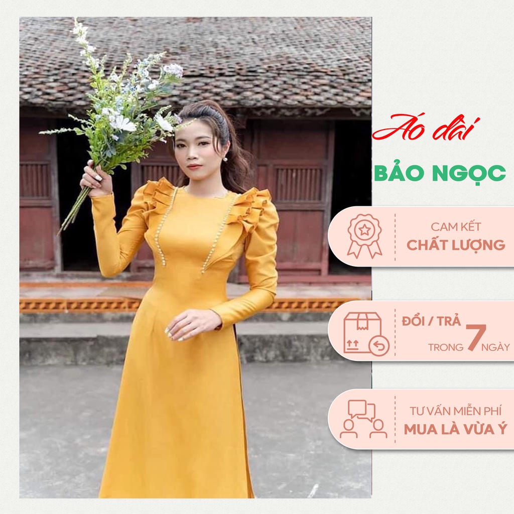 Áo Dài Cách Tân, Màu Vàng, Vải Lụa Cao Cấp, Bèo Nhún, Không Nhăn, Không Xù