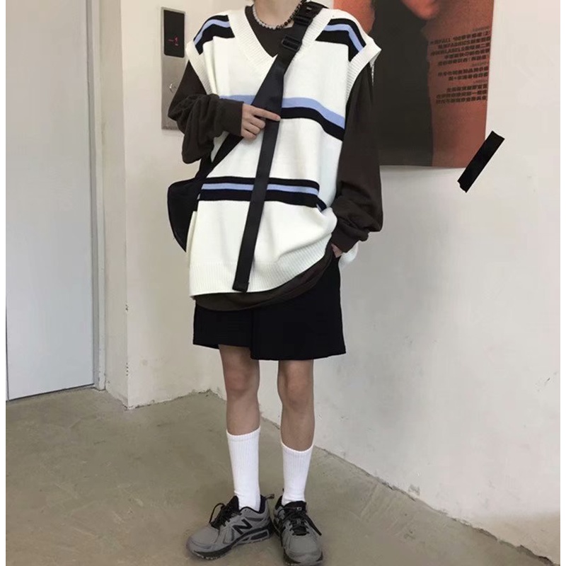 Áo Sweater dệt kim không tay cổ chữ V dáng rộng phong cách Retro Hàn Quốc thời trang cho nam và nữ