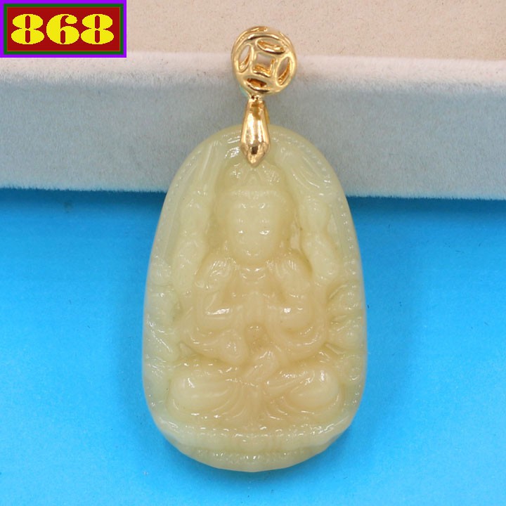 Mặt Phật Thiên Thủ Thiên Nhãn đá tự nhiên vàng 3.6cm - Phật bản mệnh tuổi Tý - Mặt size nhỏ - Tặng kèm móc inox