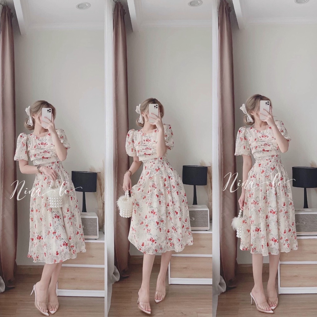Váy/Đầm Voan Chiffon 2 Lớp Xếp Ly Ngang Ngực Họa Tiết Hoa Lá Duyên Dáng Xinh Xắn Nổi Bật