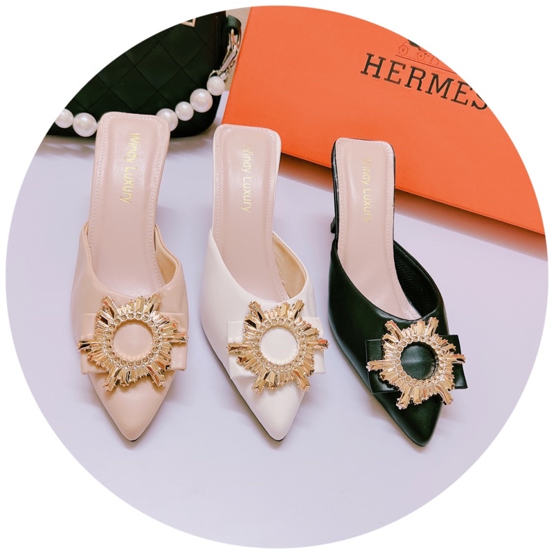 Giày sục cao gót 7p mũi nhọn da lì tag Tròn vàng xinh xỉu