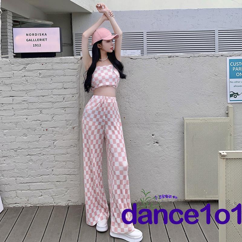 ♀Nc✭Set Áo Ống Họa Tiết Sọc Caro + Quần Dài Lưng Cao Ống Rộng Năng Động Thời Trang Dành Cho Nữ