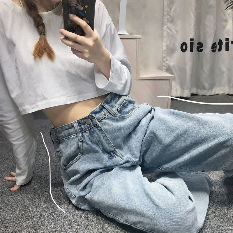 LEEVA - Quần jeans nữ dài ống suông phối nút gài eo Q035