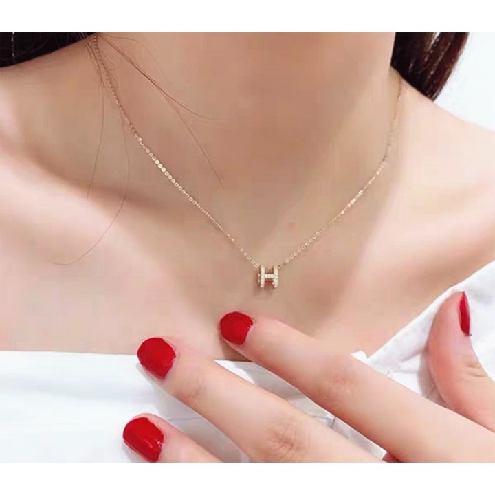 Dây chuyền nữ titan màu hồng chữ H đính đá siêu đẹp, bền màu, hợp thời trang