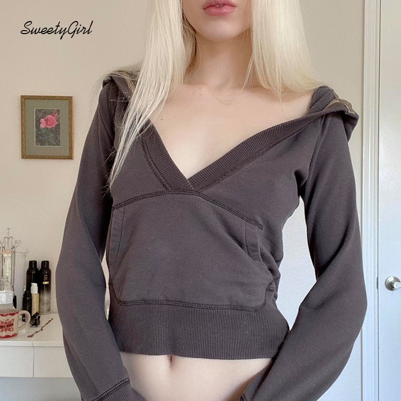 Áo Hoodie Tay Dài Cổ Chữ V Khoét Sâu Màu Xám Trơn Thời Trang 2022 Gợi Cảm Dễ Phối Đồ Dành Cho Bạn Nữ