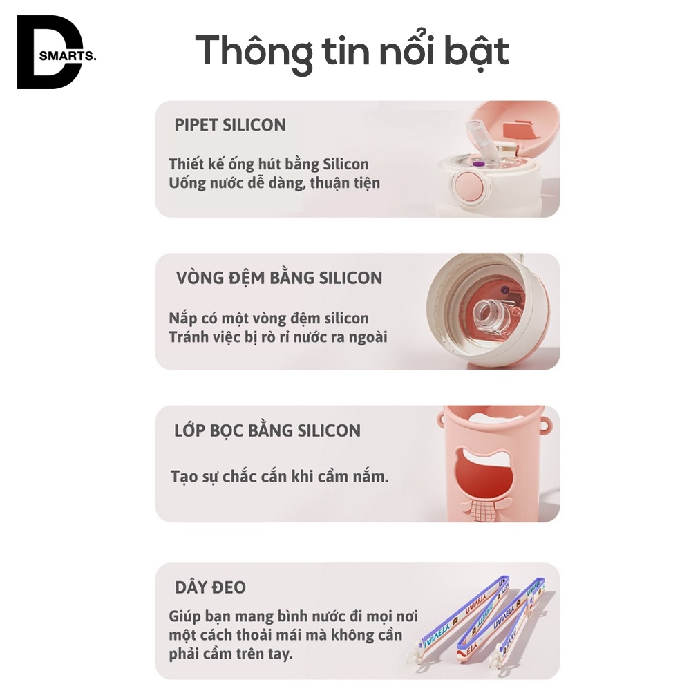 Bình nước cute, bình nước cho bé có quai đeo nắp bật ống hút mềm mại dung tích 620ml - Tặng kèm sticker cực cute
