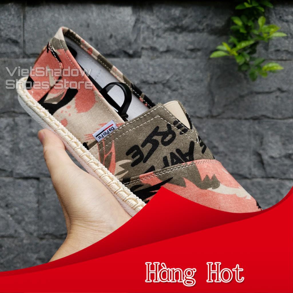 Slip on nam - Giày lười vải nam cao cấp - Vải thô họa tiết sơn loang 3 màu xám xanh, vàng và cam - M