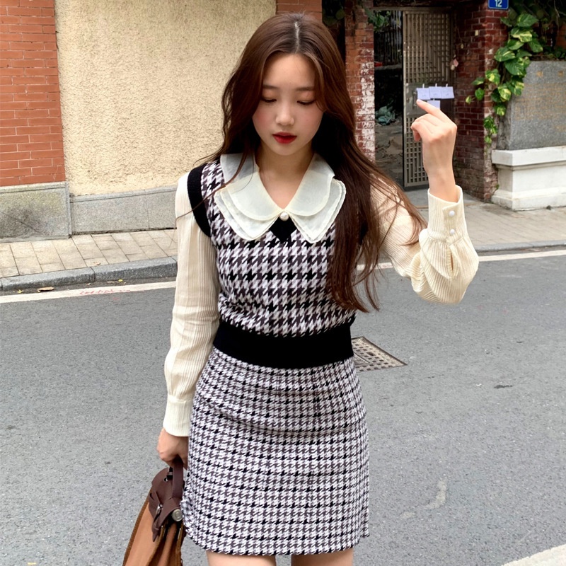 [Hàng Quảng Châu]SP284 Set chân váy kèm áo gile len sang trọng